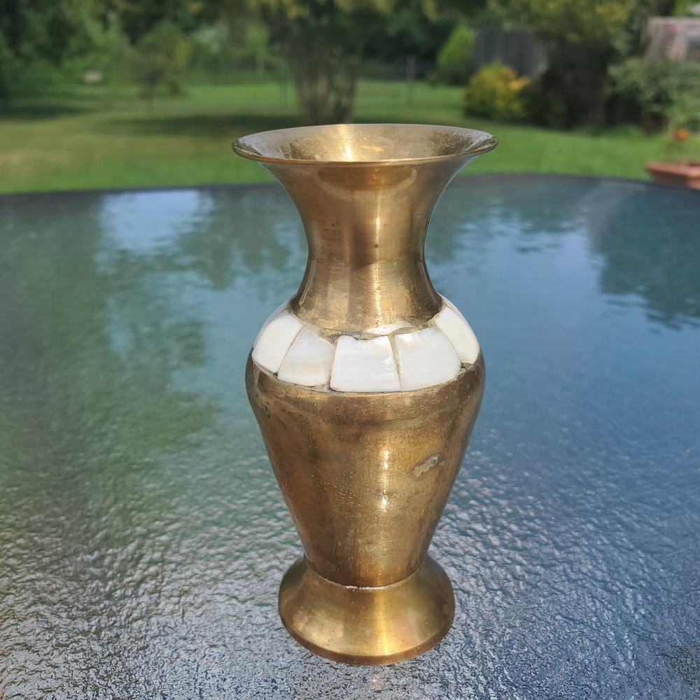 4" Brass Vintage Vase Featuring Mother Of Pearl Inlay.